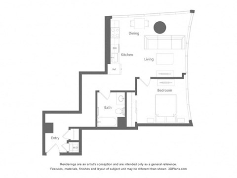 Floor plan for 1 bed, 1 bath, 783 sqft